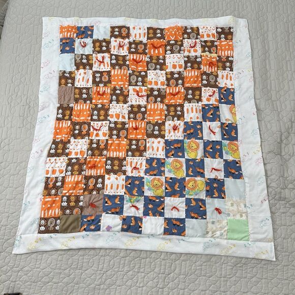 Handmade Quilt Baby Lion Fox Animal Orange Brown Neutral Patchwork Crib Blanket - Picture 4 of 13